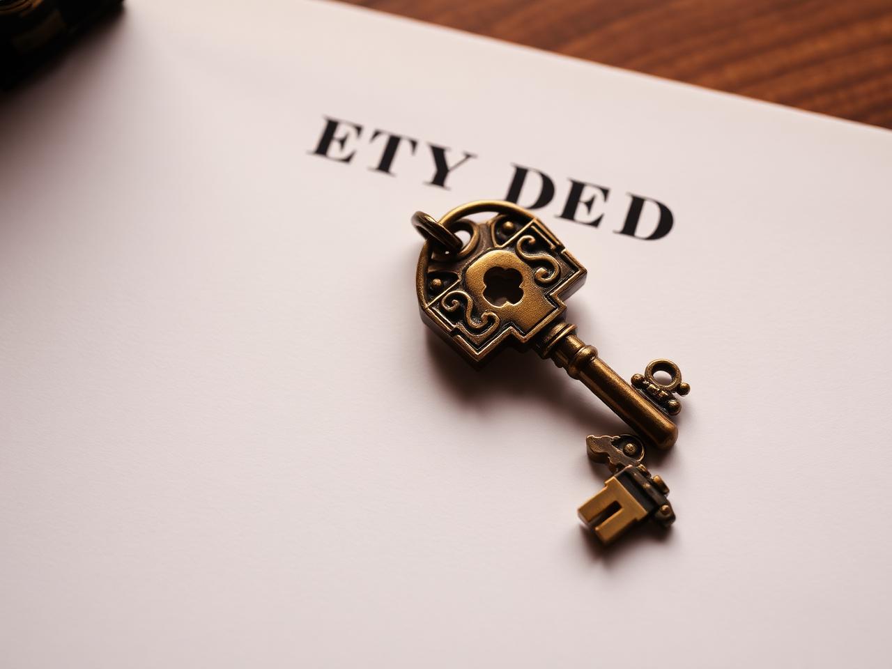 A property deed with an antique brass key