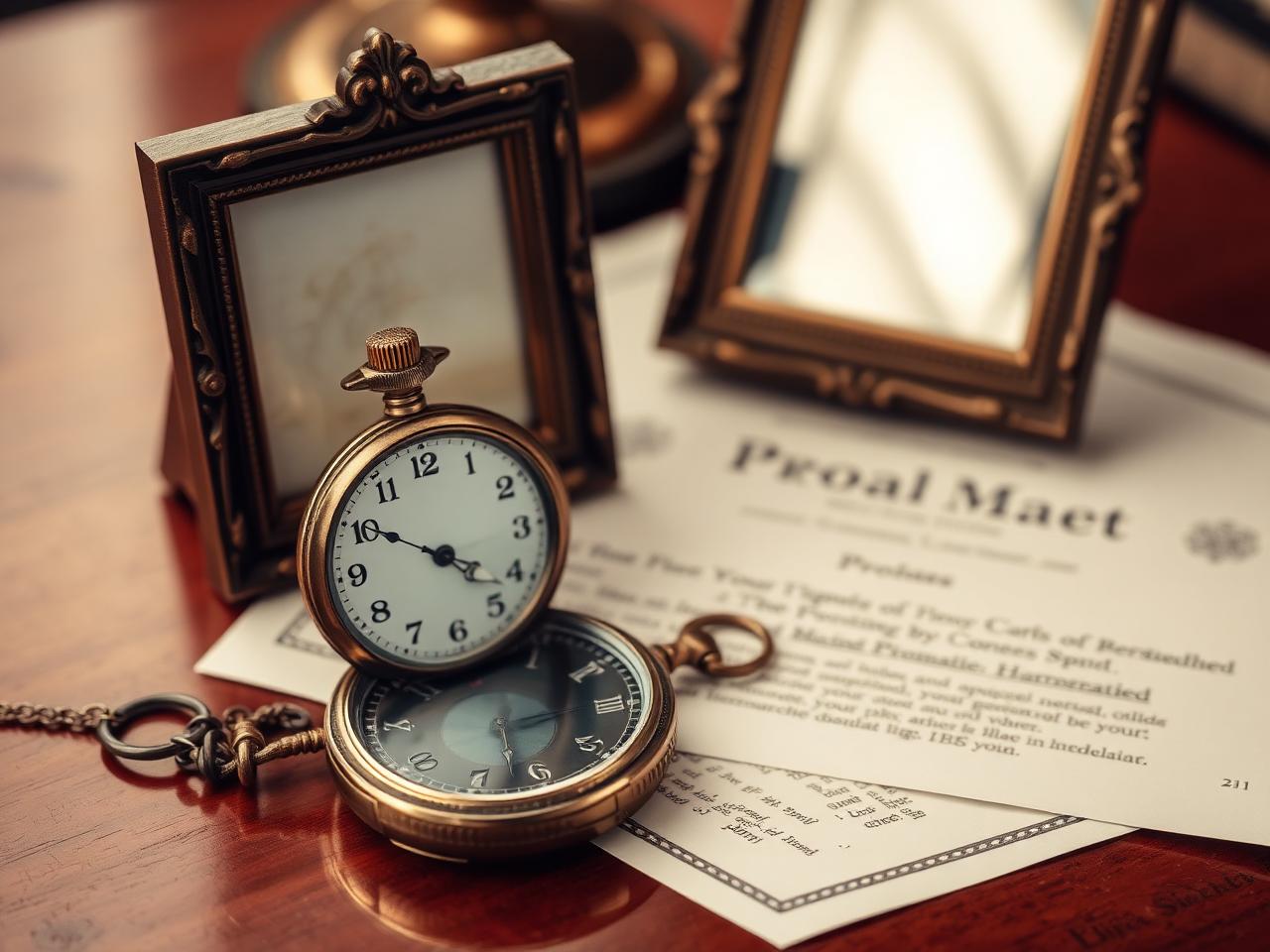 A pocket watch and antique frame on probate paperwork