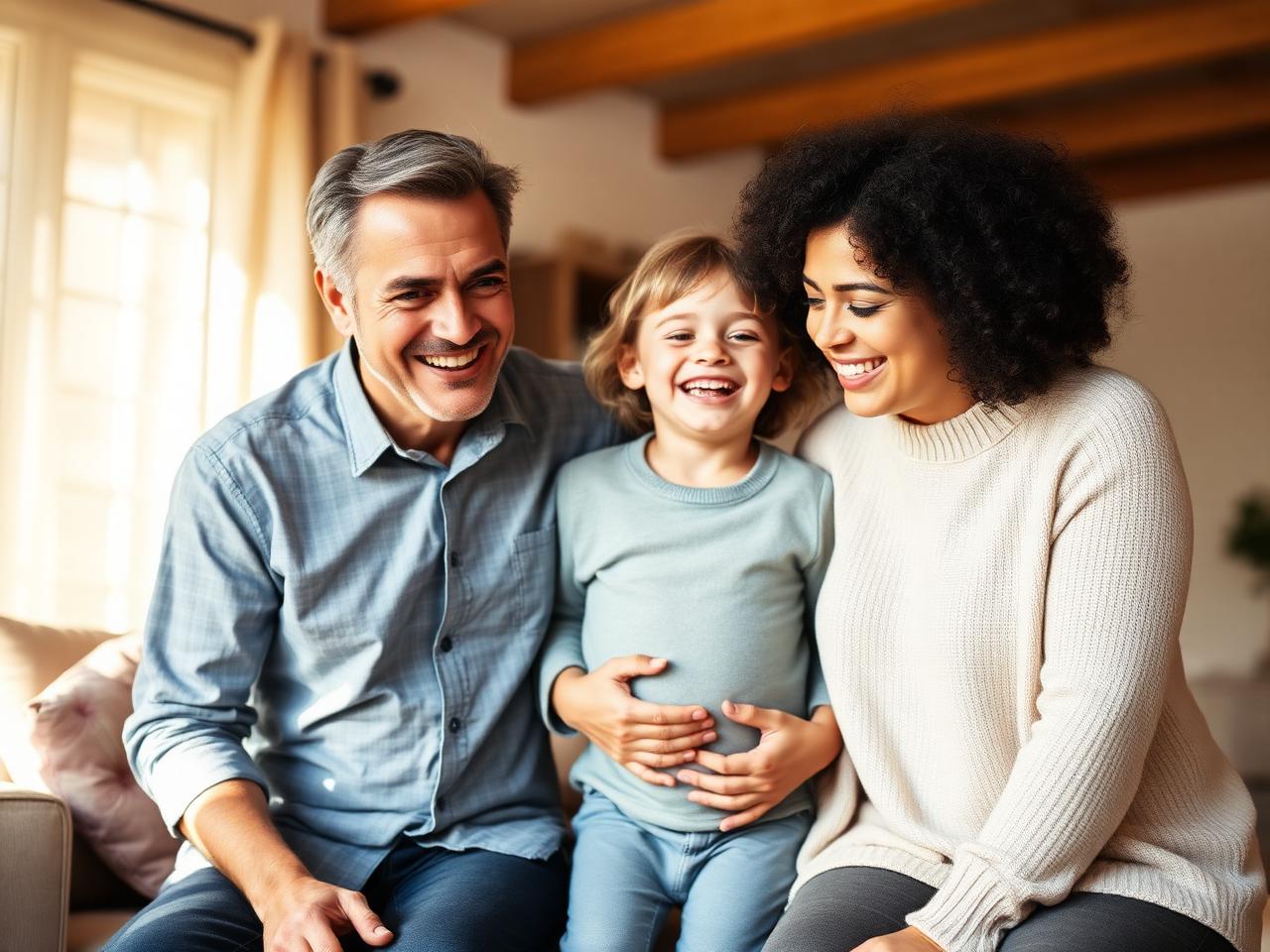 A happy adoptive family in their living room