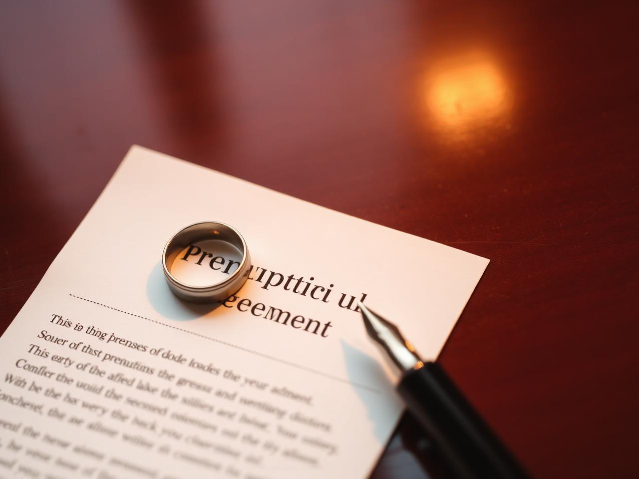 Wedding rings resting on a prenuptial agreement document