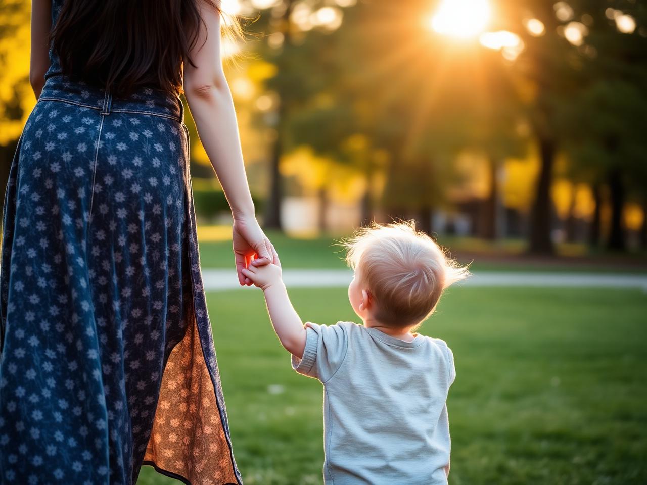 A mother and child walking together at sunset