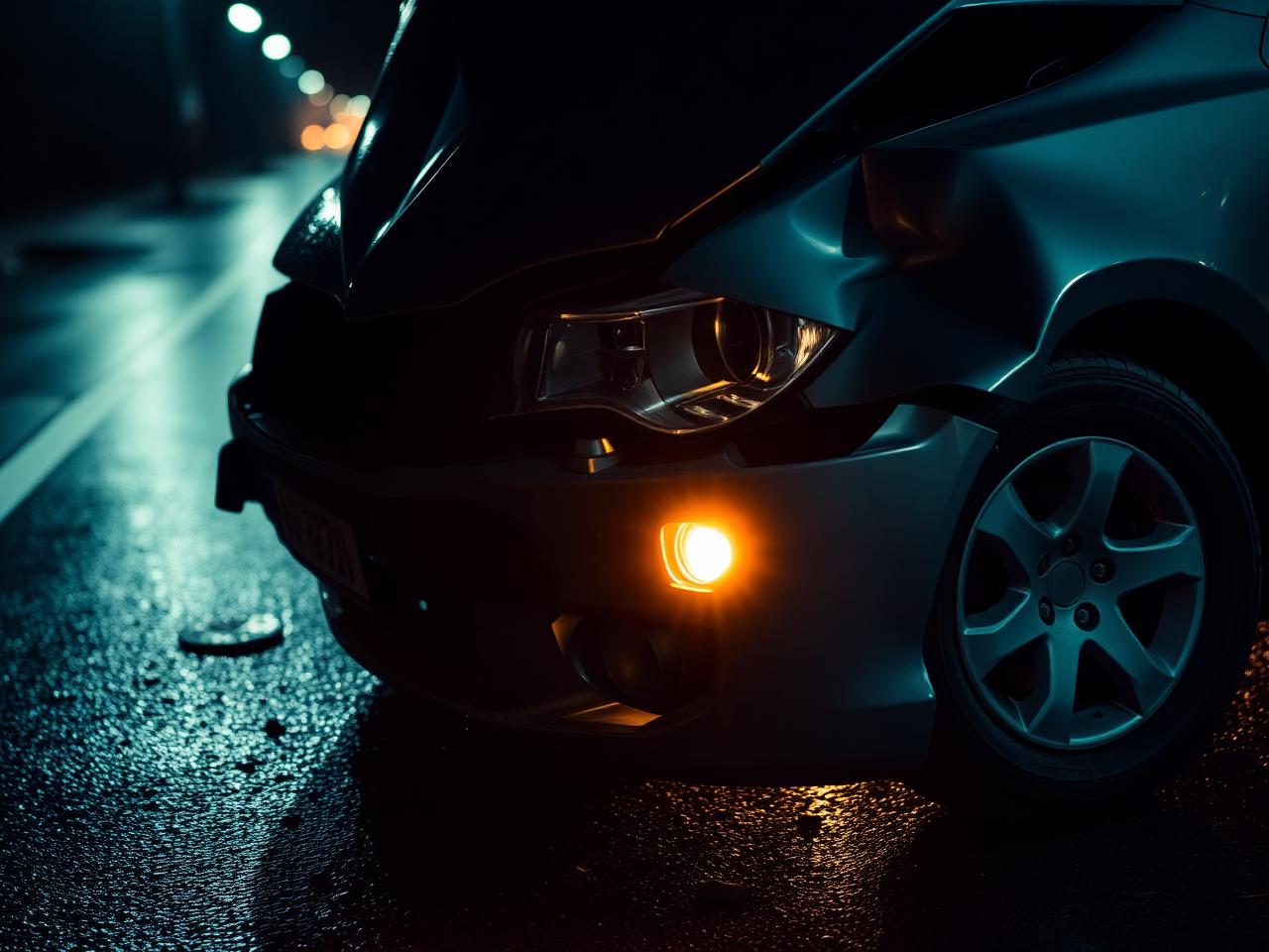 Damaged vehicle after a collision on a wet roadway