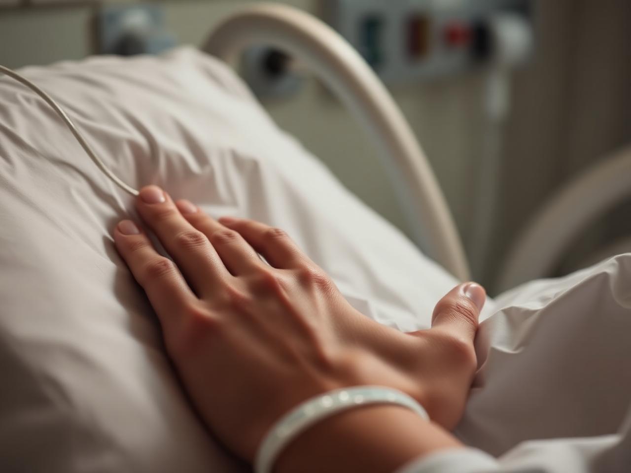 Patient's hand resting on a hospital bed