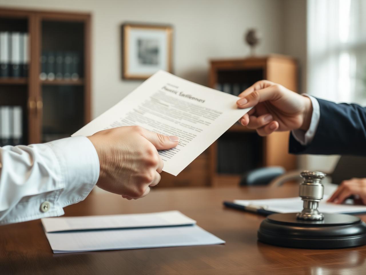 Settlement papers being passed across a desk